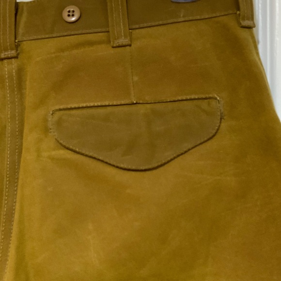Filson Men's Tan Oil Tin Pants with leather cuffs - Picture 3 of 8